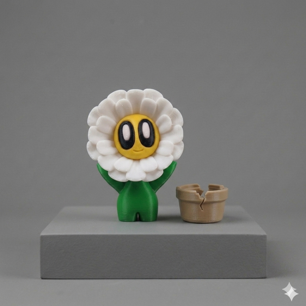 3D Printed Sitting Flower Friend – Cute Desk Pet Figurine in Mini Pot